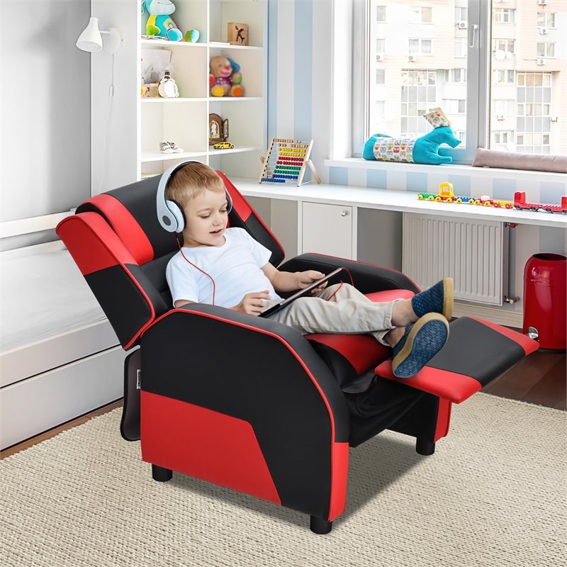 Costway Headrest & Footrest PU Leather Kids Youth Gaming Sofa Recliner in Red