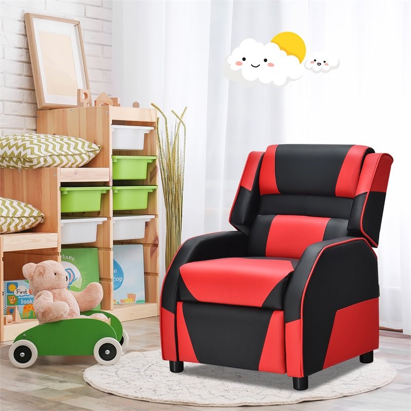 Costway Headrest & Footrest PU Leather Kids Youth Gaming Sofa Recliner in Red