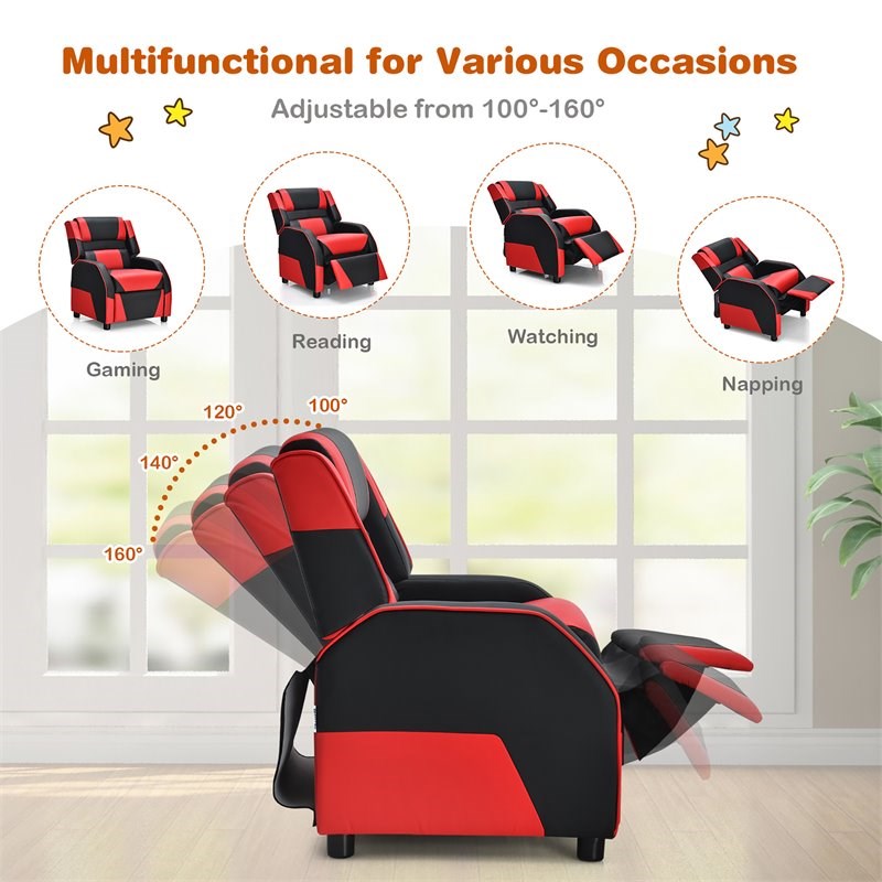 Costway Headrest & Footrest PU Leather Kids Youth Gaming Sofa Recliner in Red