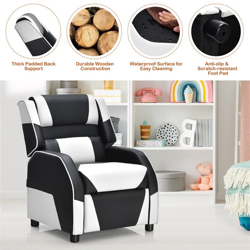 Costway Headrest & Footrest PU Leather Kids Youth Gaming Sofa Recliner in White