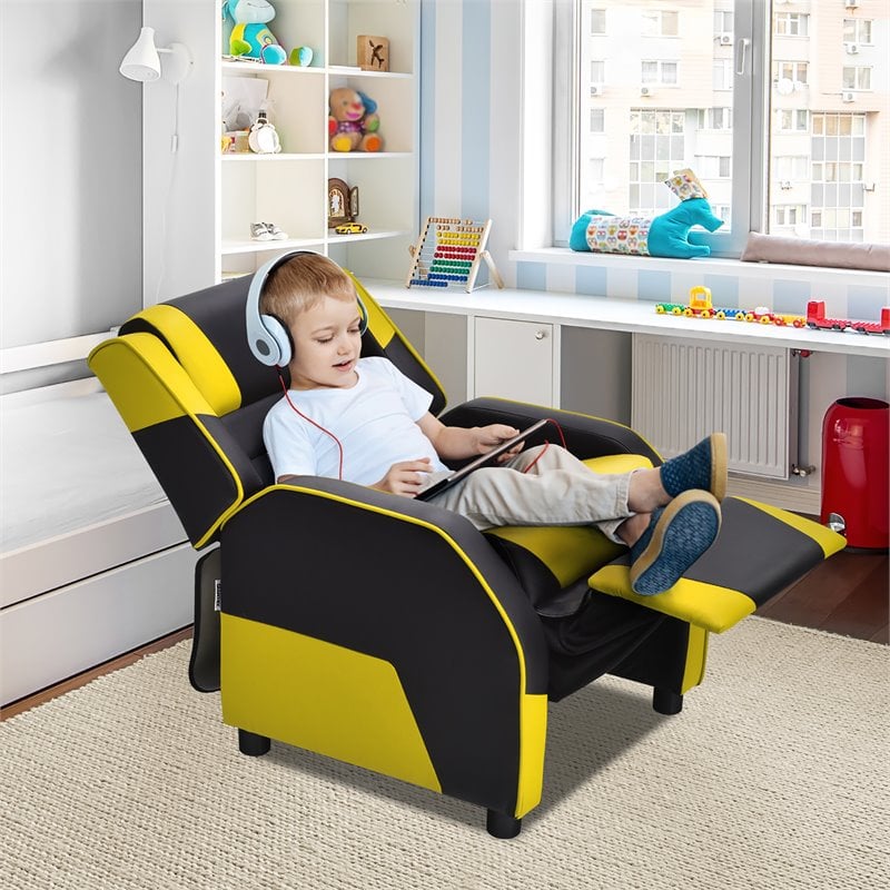Costway Headrest & Footrest PU Leather Kids Youth Gaming Sofa Recliner in Yellow