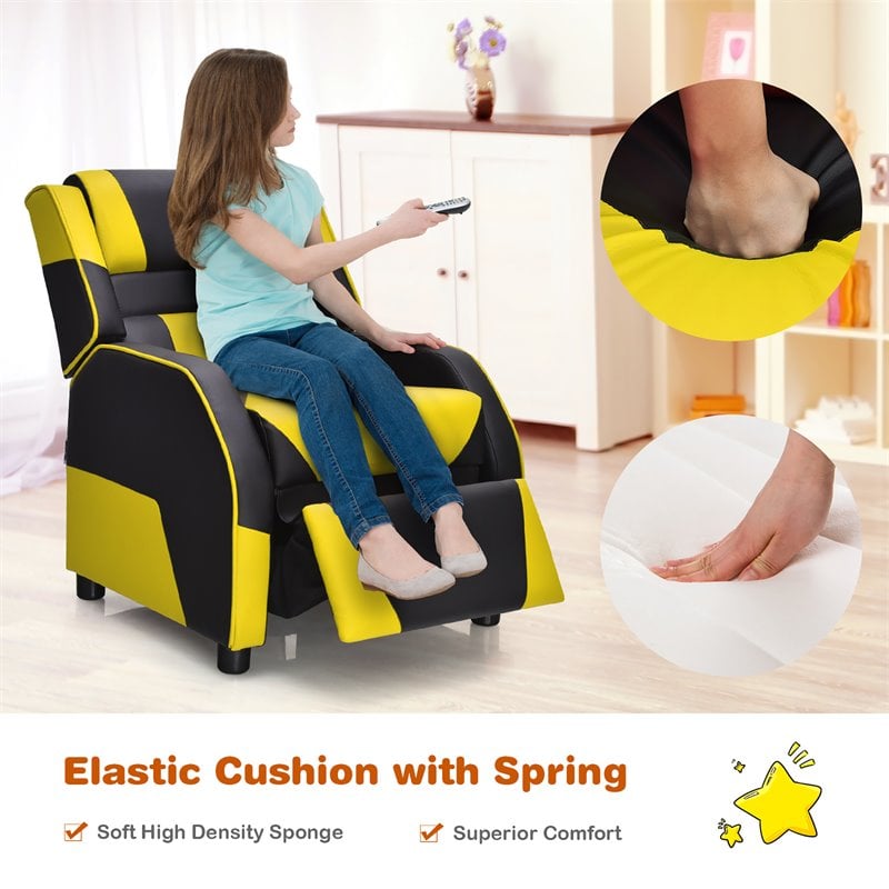 Costway Headrest & Footrest PU Leather Kids Youth Gaming Sofa Recliner in Yellow