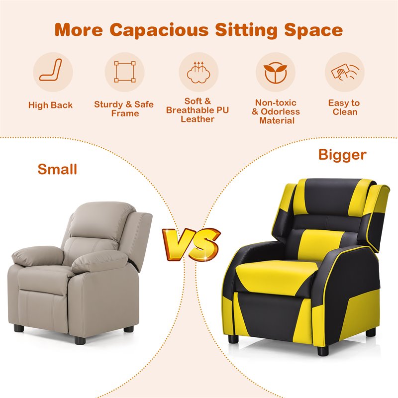 Costway Headrest & Footrest PU Leather Kids Youth Gaming Sofa Recliner in Yellow