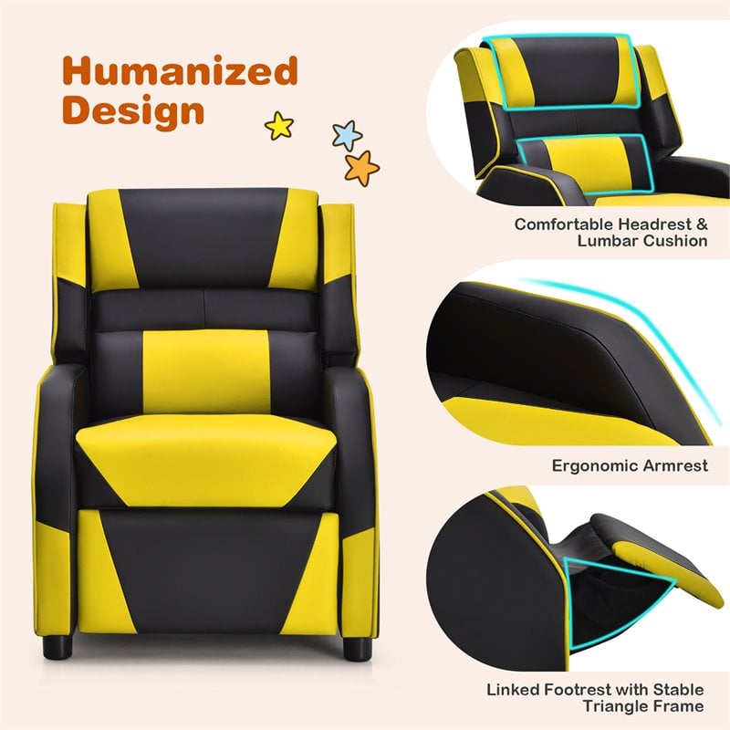 Costway Headrest & Footrest PU Leather Kids Youth Gaming Sofa Recliner in Yellow