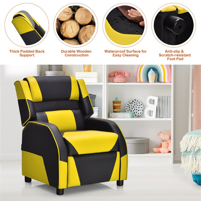 Costway Headrest & Footrest PU Leather Kids Youth Gaming Sofa Recliner in Yellow