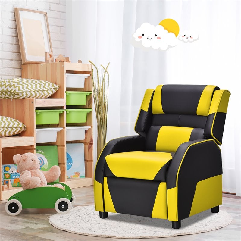 Costway Headrest & Footrest PU Leather Kids Youth Gaming Sofa Recliner in Yellow