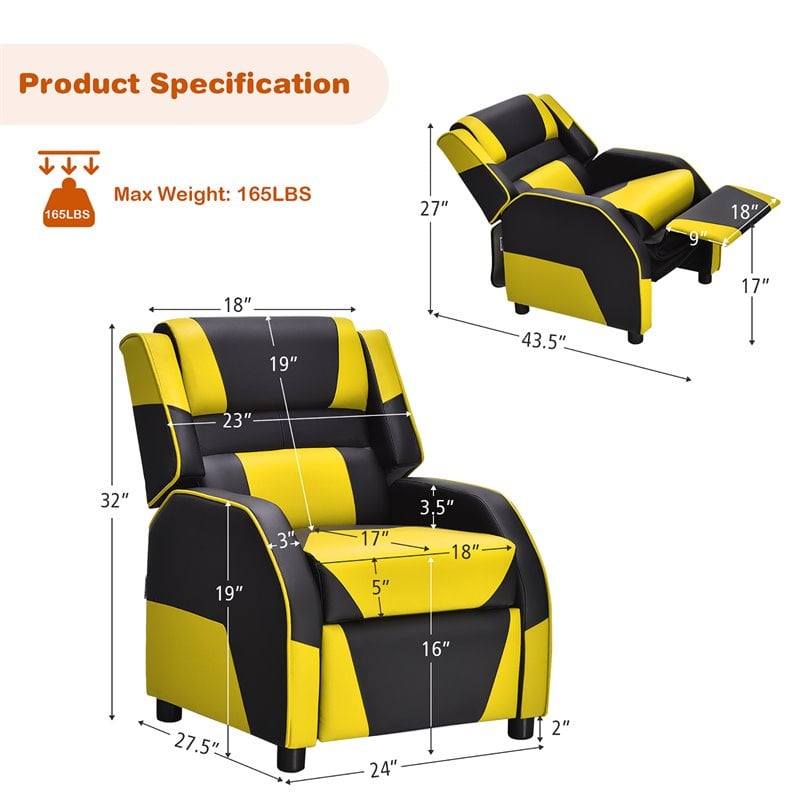 Costway Headrest & Footrest PU Leather Kids Youth Gaming Sofa Recliner in Yellow