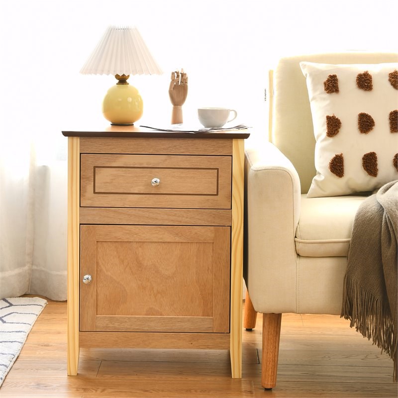 Costway Contemporary MDF and Pine Wood Nightstand with Drawer in Natural
