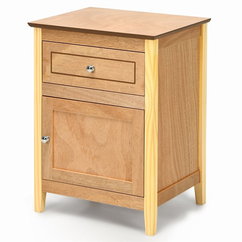 Costway Contemporary MDF and Pine Wood Nightstand with Drawer in Natural