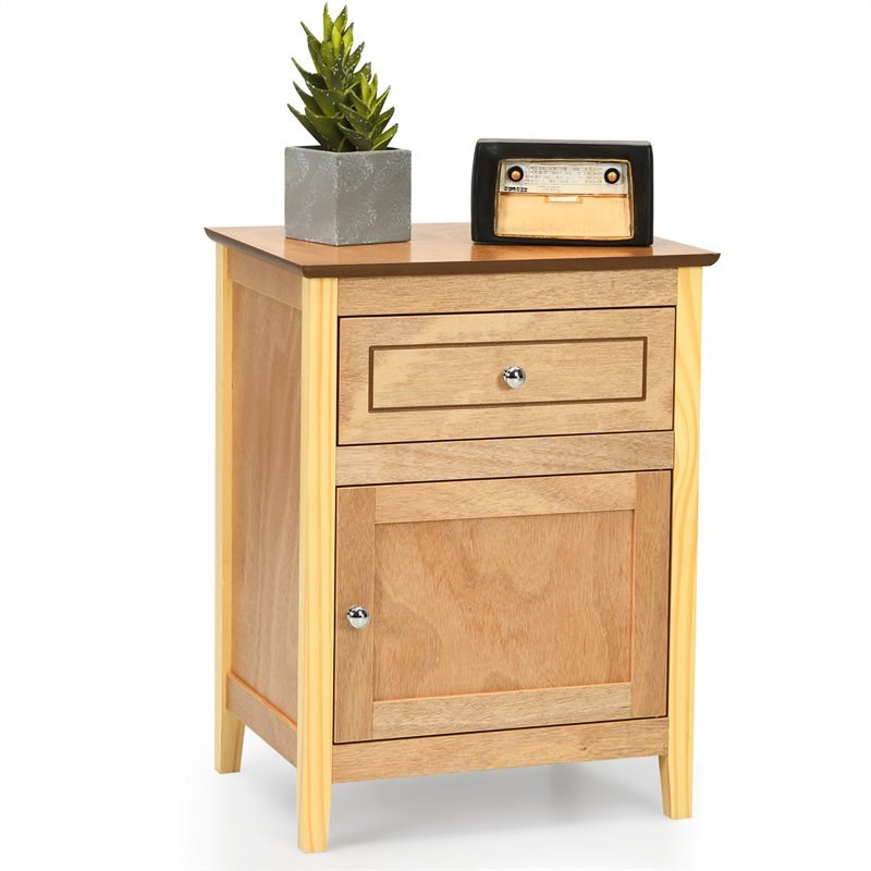 Costway Contemporary MDF and Pine Wood Nightstand with Drawer in Natural