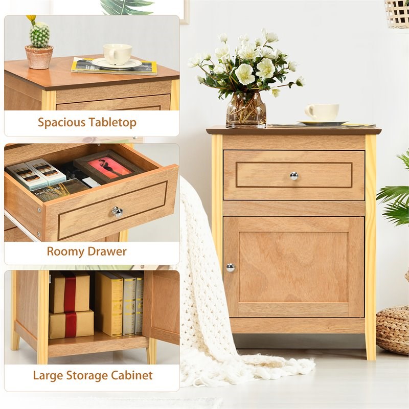 Costway Contemporary MDF and Pine Wood Nightstand with Drawer in Natural