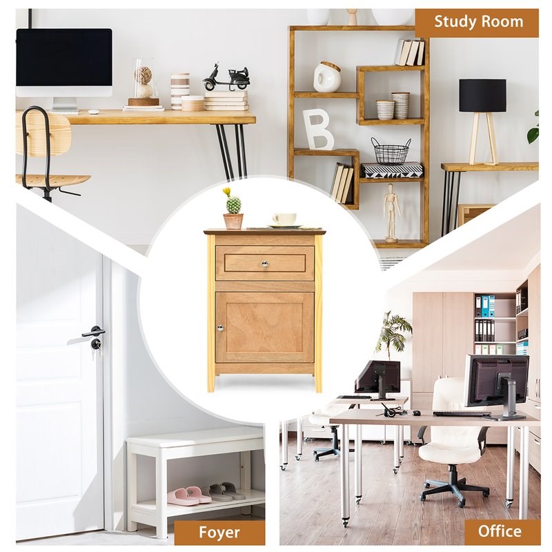 Costway Contemporary MDF and Pine Wood Nightstand with Drawer in Natural