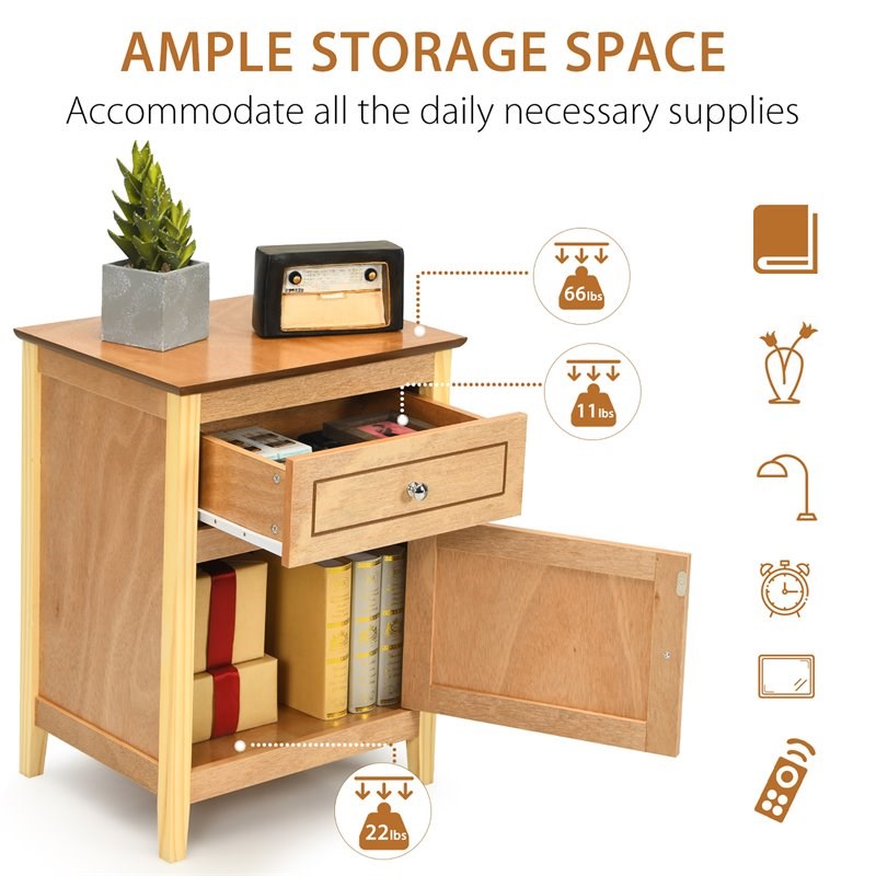 Costway Contemporary MDF and Pine Wood Nightstand with Drawer in Natural