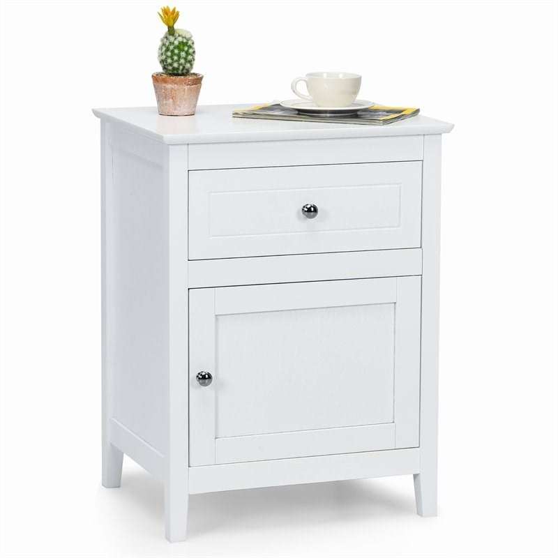Costway Contemporary MDF and Pine Wood Nightstand with Drawer in White