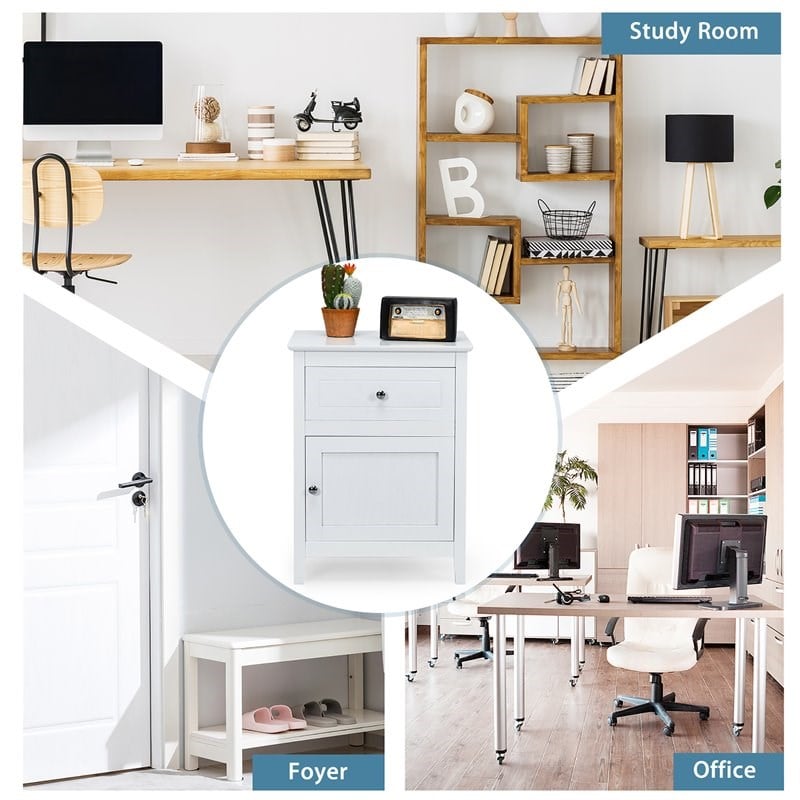 Costway Contemporary MDF and Pine Wood Nightstand with Drawer in White