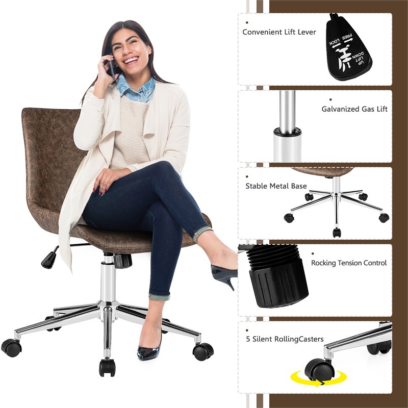 Costway PU Sponge and Steel Adjustable Mid Back Armless Office Chair in Brown