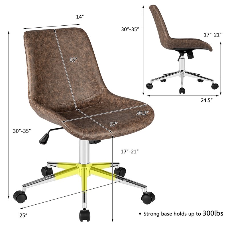 Costway PU Sponge and Steel Adjustable Mid Back Armless Office Chair in Brown
