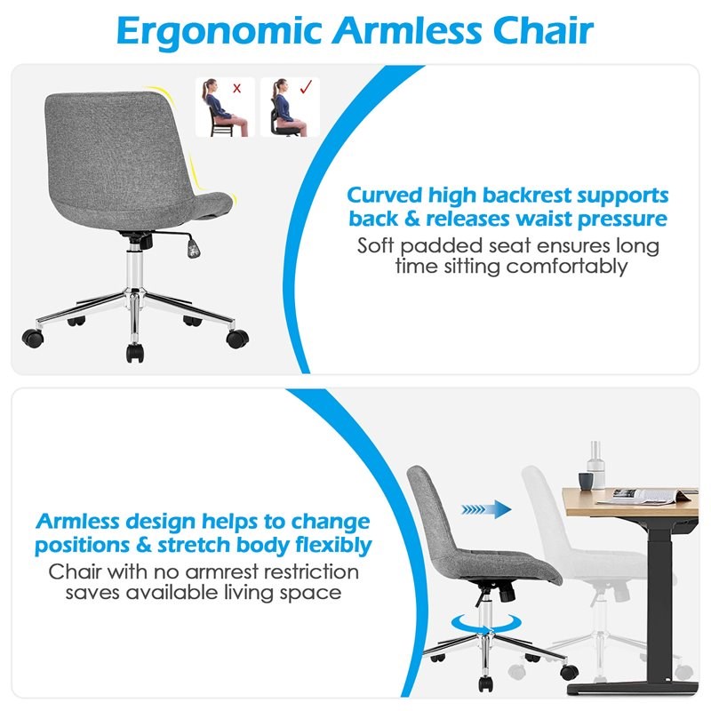 Costway Sponge and Steel Adjustable Swivel Mid Back Armless Office Chair in Gray