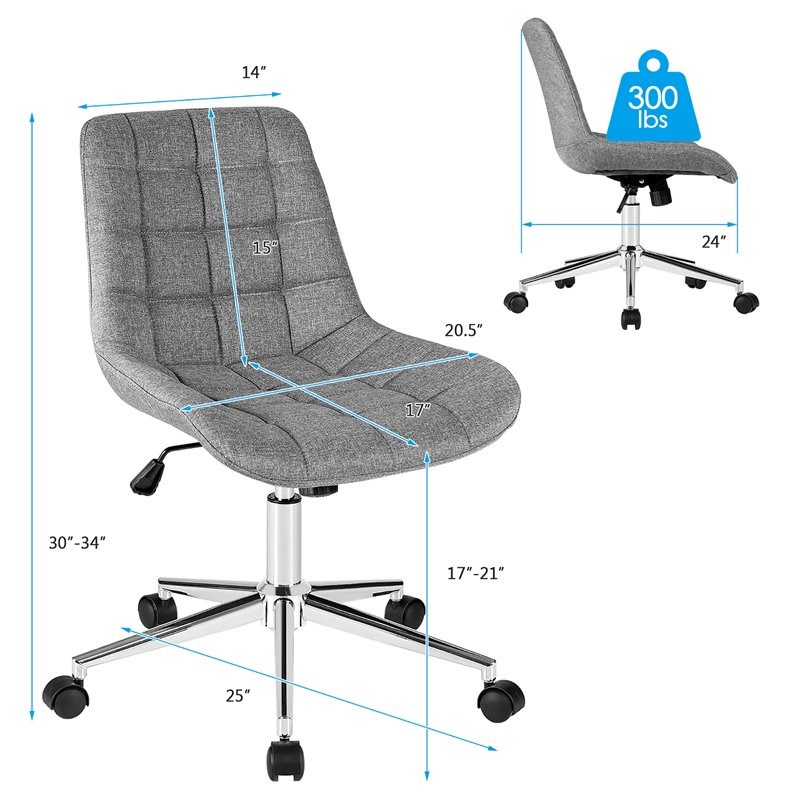 Costway Sponge and Steel Adjustable Swivel Mid Back Armless Office Chair in Gray