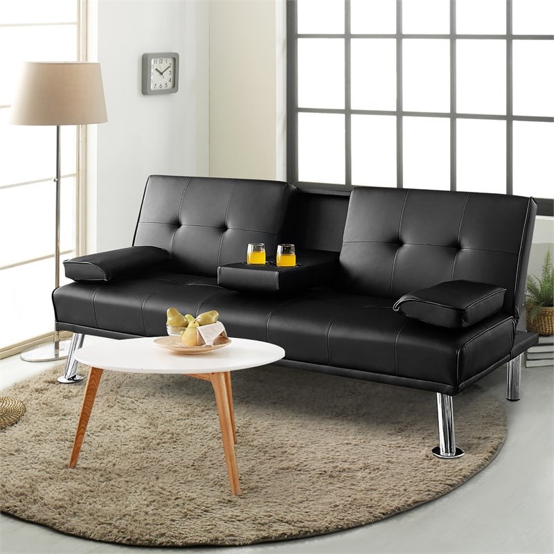 Costway Cup Holders/Armrests Leather Convertible Folding Futon Sofa Bed in Black
