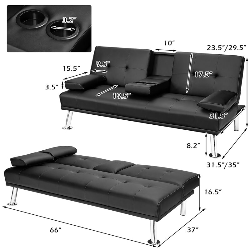 Costway Cup Holders/Armrests Leather Convertible Folding Futon Sofa Bed in Black
