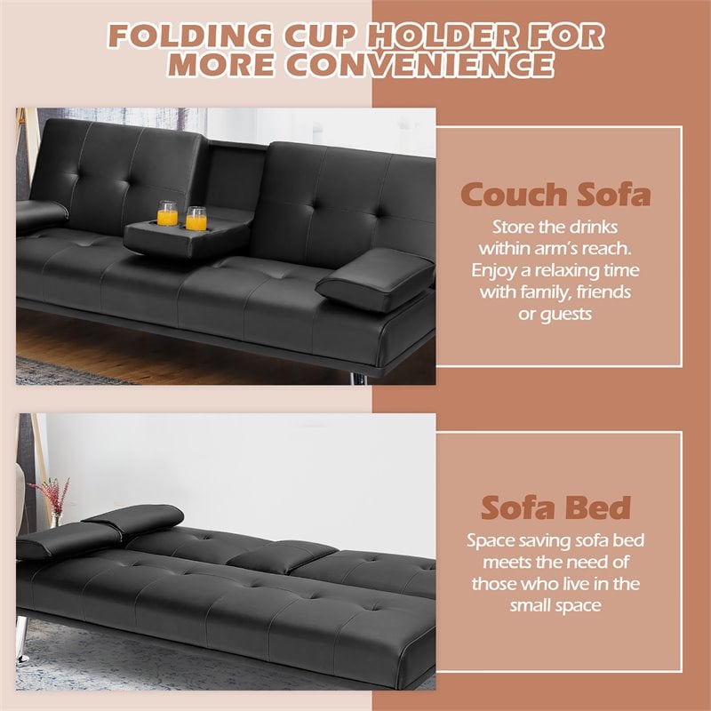 Costway Cup Holders/Armrests Leather Convertible Folding Futon Sofa Bed in Black