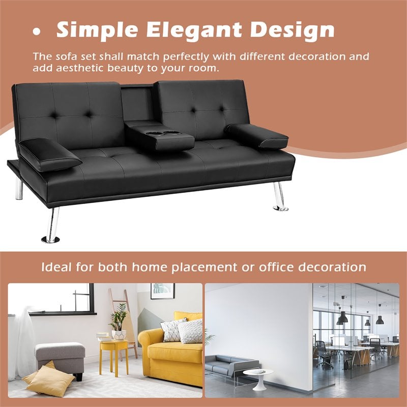Costway Cup Holders/Armrests Leather Convertible Folding Futon Sofa Bed in Black