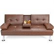 Costway Cup Holders/Armrests Leather Convertible Folding Futon Sofa Bed in Brown