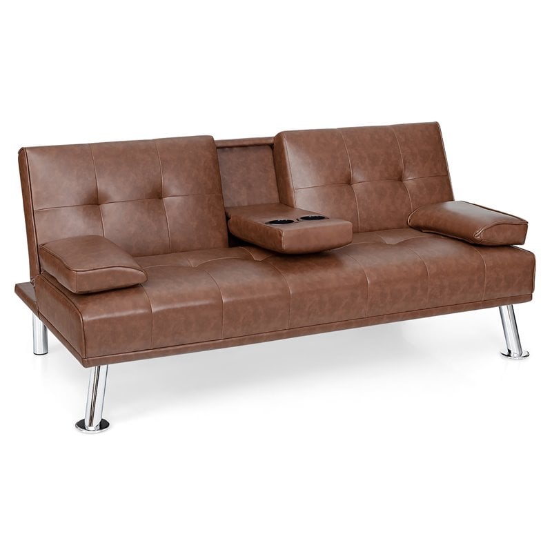 Costway Cup Holders/Armrests Leather Convertible Folding Futon Sofa Bed in Brown