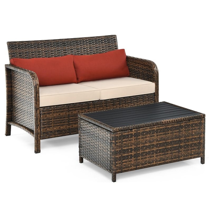 Costway 2-piece Rattan Patio Furniture Set with Cushioned Loveseat in Red