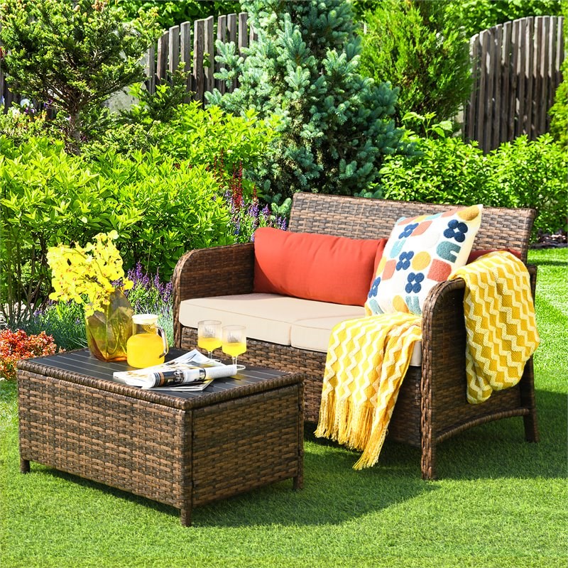 Costway 2-piece Rattan Patio Furniture Set with Cushioned Loveseat in Red