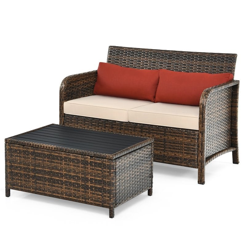 Costway 2-piece Rattan Patio Furniture Set with Cushioned Loveseat in Red