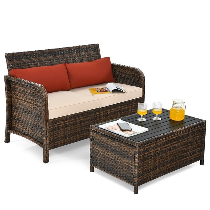 Costway 2-piece Rattan Patio Furniture Set with Cushioned Loveseat in Red