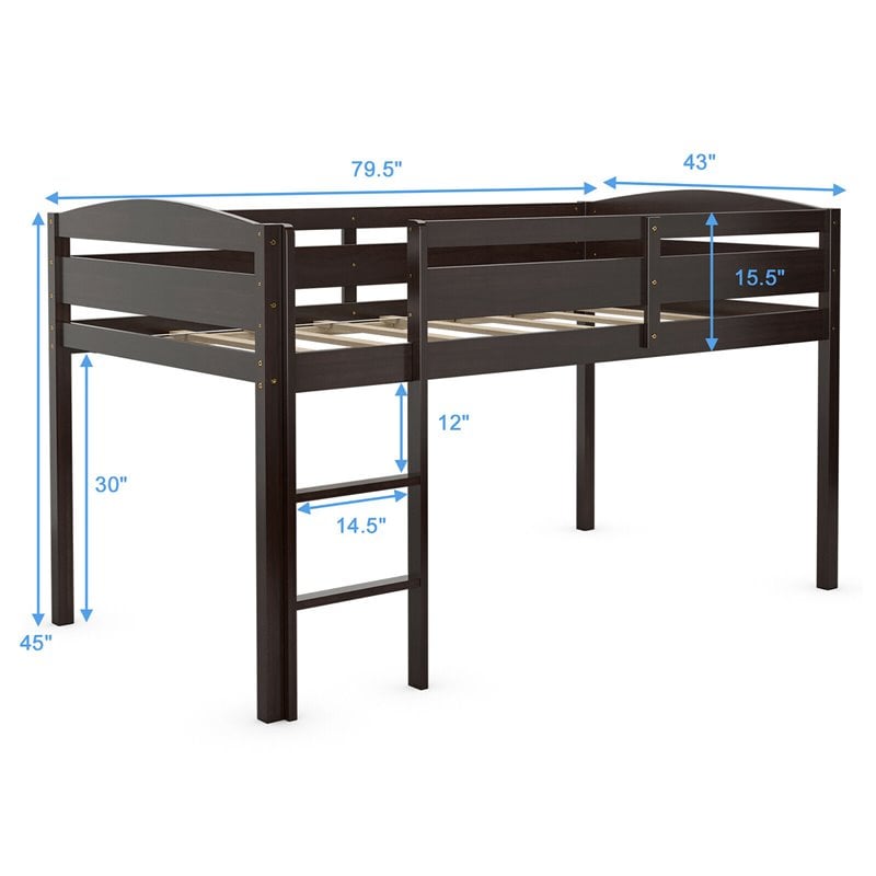 Costway Twin Low Loft Bunk Junior Bed with Wooden Guard Rail Ladder in Espresso