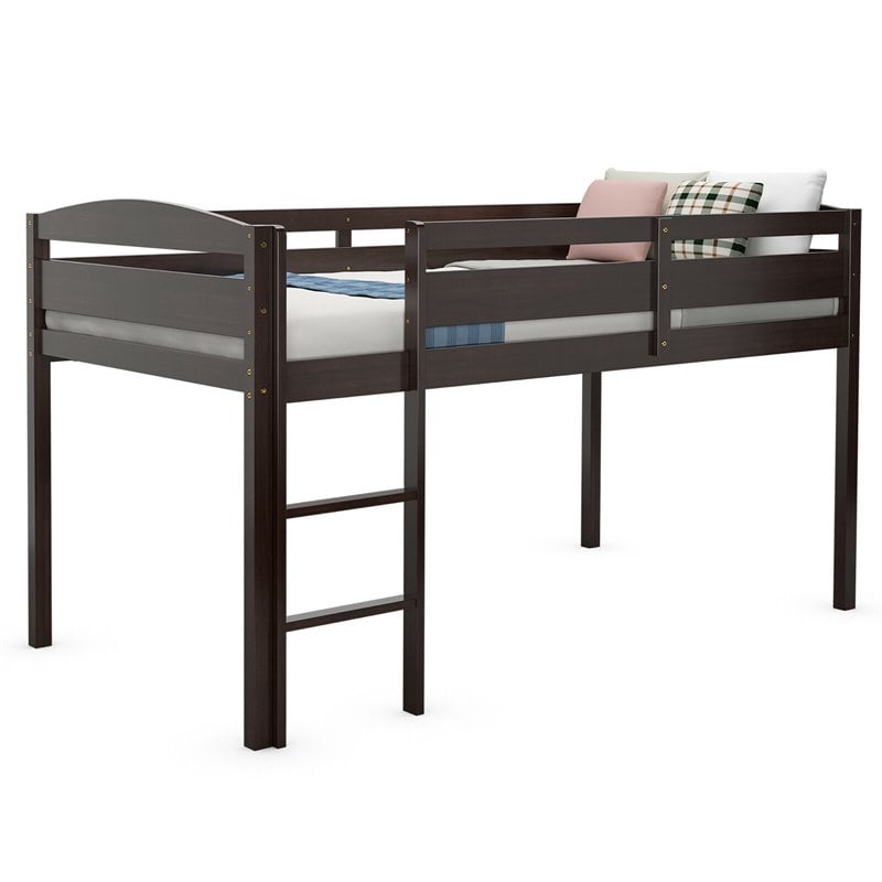 Costway Twin Low Loft Bunk Junior Bed with Wooden Guard Rail Ladder in Espresso