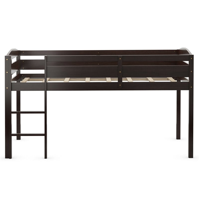 Costway Twin Low Loft Bunk Junior Bed with Wooden Guard Rail Ladder in Espresso