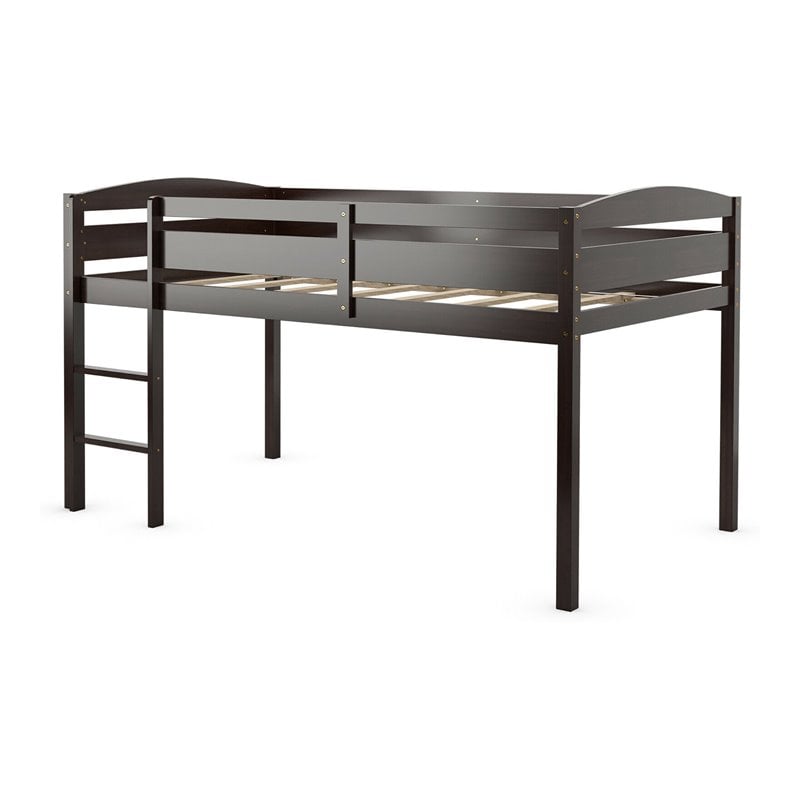Costway Twin Low Loft Bunk Junior Bed with Wooden Guard Rail Ladder in Espresso