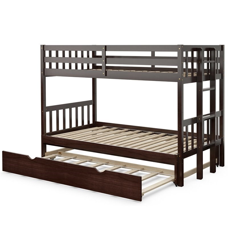 Costway Wood and PB Twin Over Twin Pull-Out Bunk Bed with Trundle in Espresso