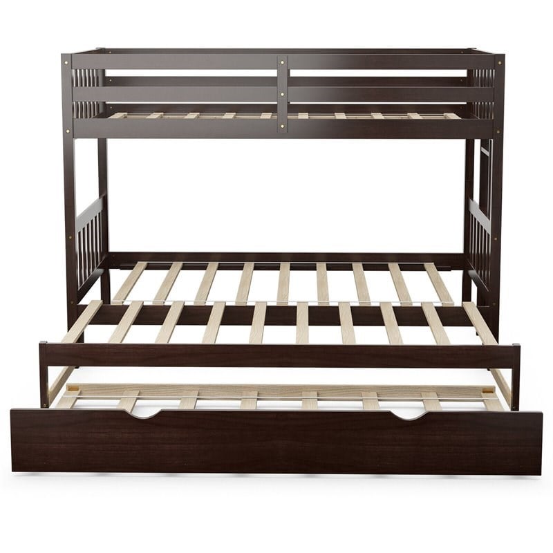 Costway Wood and PB Twin Over Twin Pull-Out Bunk Bed with Trundle in Espresso