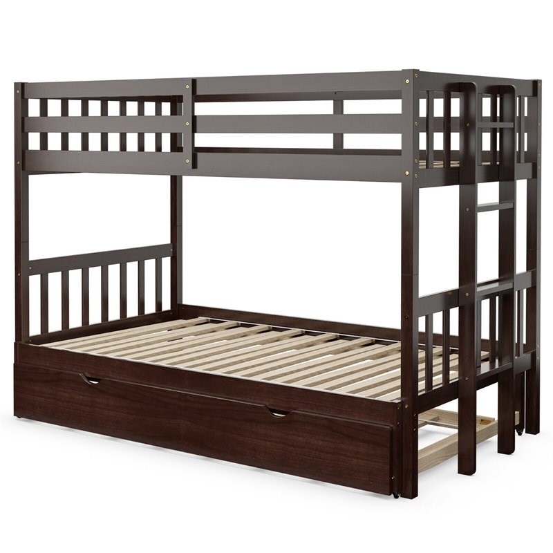 Costway Wood and PB Twin Over Twin Pull-Out Bunk Bed with Trundle in Espresso
