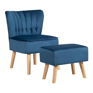 Costway Thick Padded Button Tufted Leisure Chair and Ottoman Set in Blue