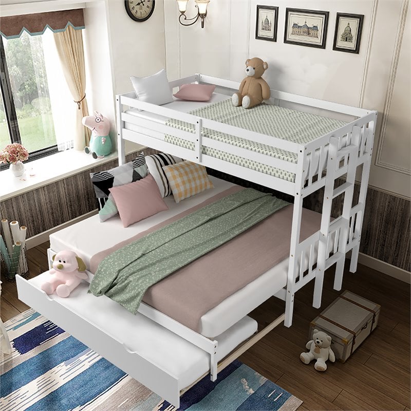 Costway Wood and PB Twin Over Twin Pull-Out Bunk Bed with Trundle in White