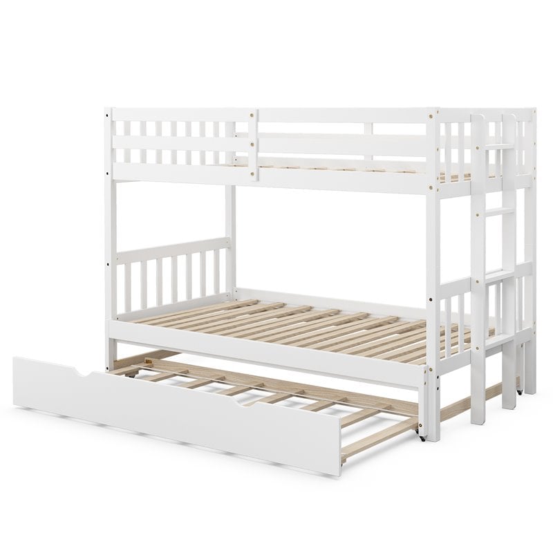 Costway Wood and PB Twin Over Twin Pull-Out Bunk Bed with Trundle in White