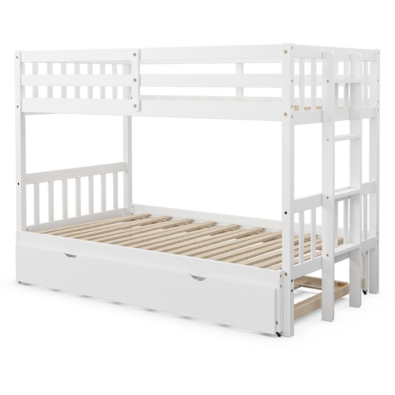 Costway Wood and PB Twin Over Twin Pull-Out Bunk Bed with Trundle in White