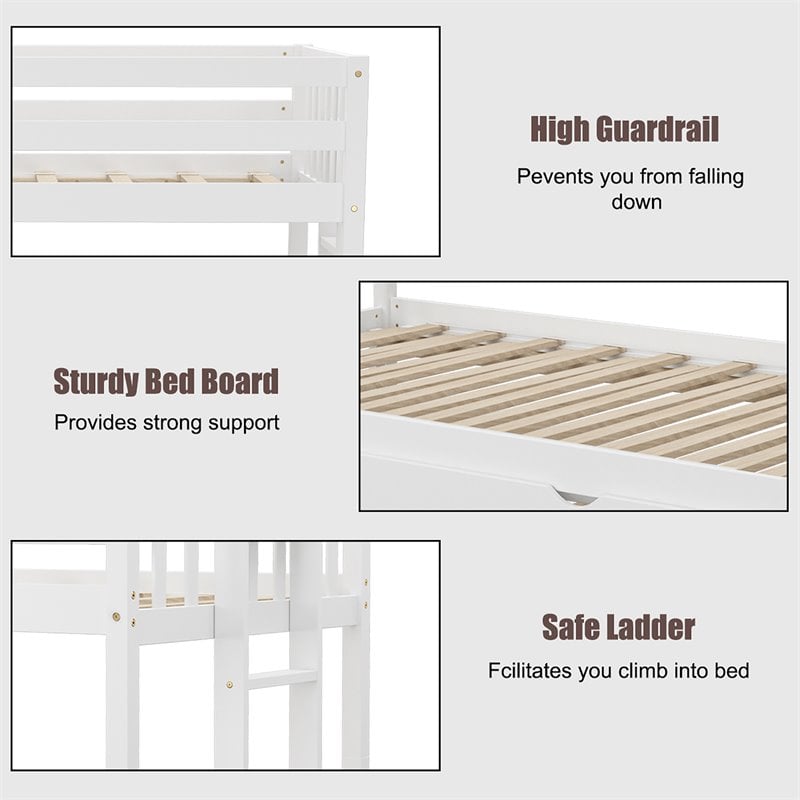 Costway Wood and PB Twin Over Twin Pull-Out Bunk Bed with Trundle in White