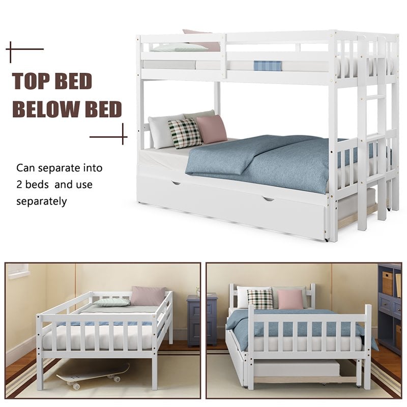 Costway Wood and PB Twin Over Twin Pull-Out Bunk Bed with Trundle in White