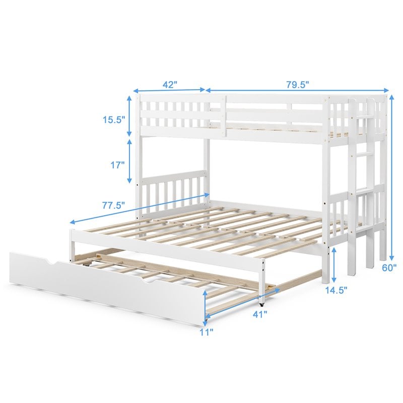 Costway Wood and PB Twin Over Twin Pull-Out Bunk Bed with Trundle in White