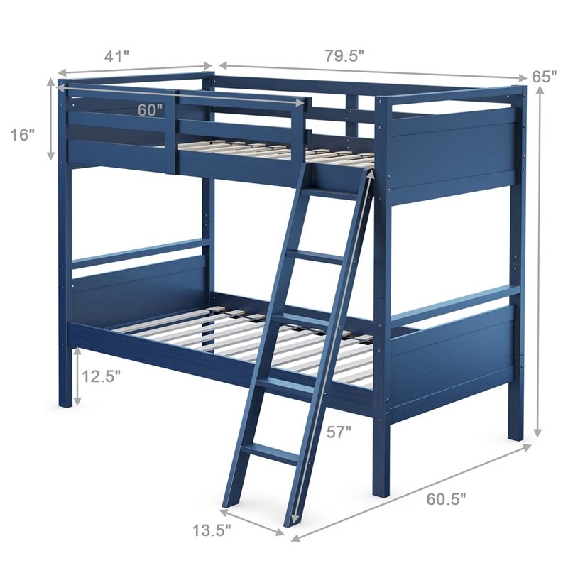 Costway Contemporary MDF and Wood Twin Over Twin Bunk Bed in Navy