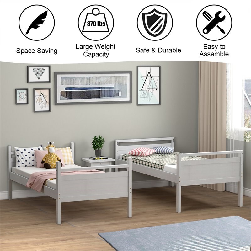 Costway Contemporary MDF and Wood Twin Over Twin Bunk Bed in White