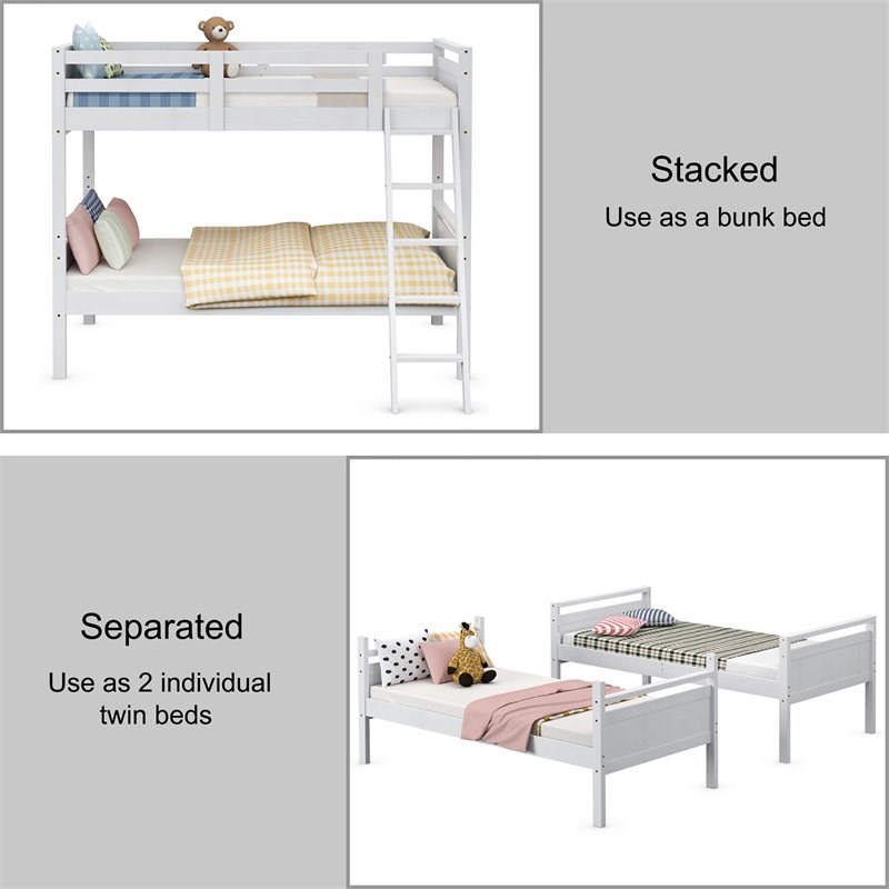 Costway Contemporary MDF and Wood Twin Over Twin Bunk Bed in White